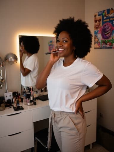 40대 중반의 흑인 여성이 아늑한 개인 공간에서 거울 앞에 서서 화장품을 바르며 미소짓고 있습니다. 따뜻한 조명과 다채로운 환경이 초대하는 분위기를 만들어내며 그녀의 즐거운 마음을 반영하고 있습니다.