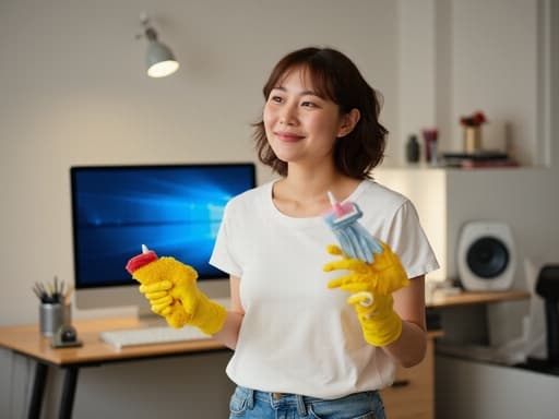 이 이미지는 자연스러운 외모를 가진 20대 중반의 아시아계 여성이 청소 도구를 들고 현대적인 사무실 책상과 컴퓨터 앞에서 미소 짓고 있는 모습으로, 캐주얼한 스타일과 생산적인 분위기가 조화롭게 어우러져 있습니다.