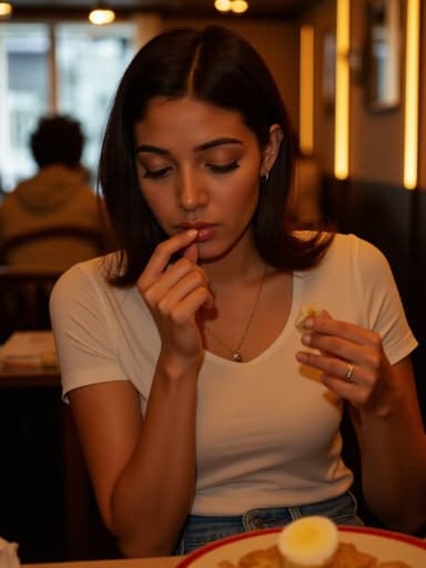 20대 초반의 중동계 여성이 편안한 티셔츠와 청바지를 입고, 가벼운 액세서리를 착용한 모습이 반신 촬영으로 포착되었습니다. 그녀는 긴장한 표정으로 손에 들고 있는 맛있는 음식을 바라보며, 살짝 입에 가져가려는 자세를 취하고 있습니다. 주변은 따뜻한 조명이 비추는 아늑한 카페 분위기로, 다른 손님들이 앉아 있어 초대하는 느낌을 더하고 있습니다.