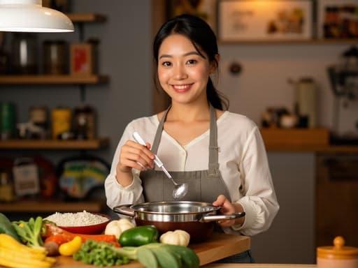 20대 초반의 자신감 넘치는 한국인 여성이 캐주얼한 블라우스와 청바지를 입고, 요리 도구를 손에 들고 아늑한 카페에서 요리를 하고 있는 반신 사진입니다. 배경은 따뜻하고 아늑한 카페 인테리어로, 테이블 위에는 다양한 재료들이 놓여 있어 요리 주제를 더욱 강조하고 있습니다.