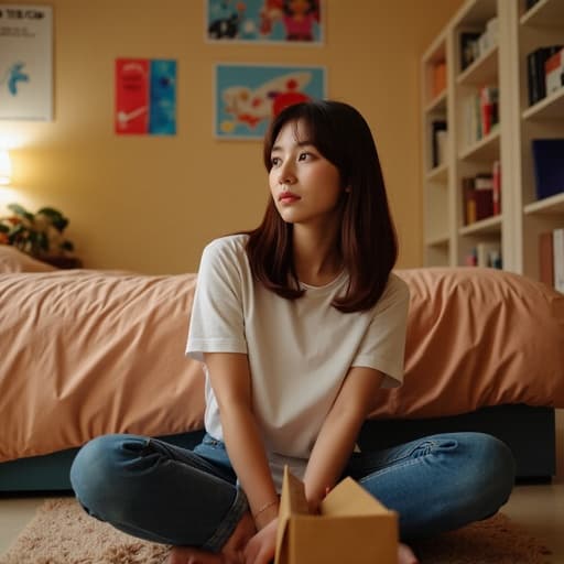 아늑한 침실에서 크로스 레그로 앉아 있는 10대 후반의 한국인 여성의 3/4 샷. 그녀는 캐주얼한 티셔츠와 청바지를 입고 있으며, 쇼핑백을 손에 들고 우울한 표정을 짓고 있다. 배경에는 포스터와 책장이 있는 따뜻하고 아늑한 분위기가 있어 장면의 친밀하고 개인적인 설정을 강조한다.