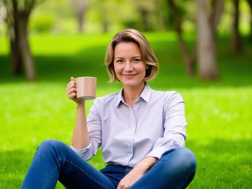 40대 중반의 유럽계 여성이 캐주얼한 블라우스와 청바지를 입고 공원에서 커피를 들고 편안하게 앉아 있는 모습의 반신 사진입니다. 그녀는 따뜻한 미소와 여유로운 표정을 지으며 푸른 잔디와 나무들로 둘러싸인 평화로운 분위기를 연출하고 있습니다.
