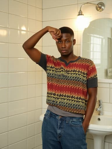 모던한 화장실 거울 앞에서 춤추고 있는 자신감 넘치는 아프리카계 20대 초반 남성의 반신 사진, 트렌디한 스트리트 패션을 입고 있으며, 배경이 생동감 있는 분위기를 강조하고 있습니다.