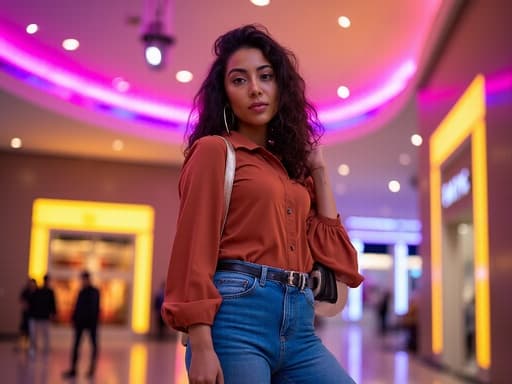 20대 초반의 자신감 넘치는 라틴계 여성 모델이 트렌디한 블라우스와 스타일리시한 청바지를 입고 한쪽 어깨에 가방을 메고 화려한 조명이 비치는 쇼핑몰 내부에서 세련된 모습으로 포즈를 취하고 있습니다.