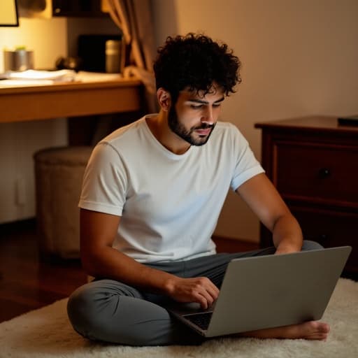 20대 초반의 중동계 남성이 편안한 티셔츠와 운동복 바지를 입고 아늑한 집 사무실 바닥에 앉아 노트북을 집중해서 바라보고 있습니다. 피곤하지만 집중한 표정이 따뜻한 분위기 속에서 책상과 흩어져 있는 서류들로 둘러싸여 있습니다.