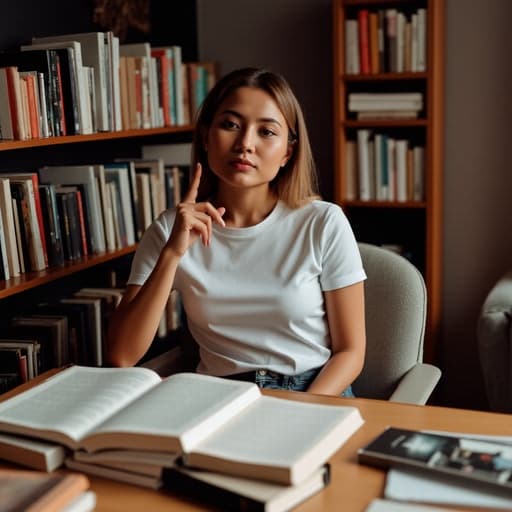 20대 후반의 중동계 여성이 편안한 티셔츠와 청바지를 입고 아늑한 스터디 공간의 정돈된 책상에 앉아 여러 권의 책을 앞에 두고 있는 모습의 반신 사진. 그녀는 무표정으로, 차분하고 공부에 집중한 분위기를 표현하고 있습니다.