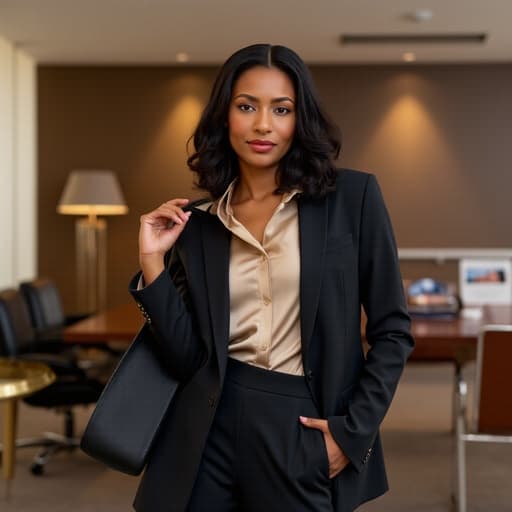 20대 중반의 아프리카계 여성의 반신 사진으로, 세련된 비즈니스 정장과 고급스러운 블라우스를 착용하고 있습니다. 한쪽 어깨에 가방을 메고 우아하게 서 있으며, 전문적이고 자신감 넘치는 모습을 드러냅니다. 배경은 현대적인 인테리어의 회의실로, 세련된 분위기를 더합니다.