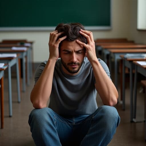 30대 중반의 혼혈 남성이 교실 바닥에 앉아 편안한 티셔츠와 청바지를 입고, 절망한 표정으로 손으로 머리를 감싸고 있는 모습을 담은 반신 사진. 배경에는 책상과 칠판이 보이며, 사색적인 분위기를 자아낸다.