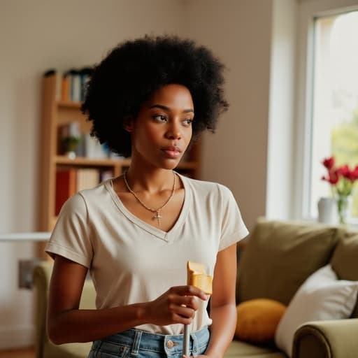 10대 후반의 아프리카계 여성은 편안한 티셔츠와 청바지를 입고 청소 도구를 들고 무관심한 표정으로 주변을 바라보며 소파와 책장이 있는 아늑한 거실에서 촬영되었으며, 따뜻하고 초대하는 조명 아래에서 모두 표현됩니다.