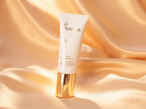 부드러운 표면에 따뜻한 황금빛 노을이 비치는 선케어 BB크림이 있으며, 고요하고 초대하는 분위기를 창조합니다.