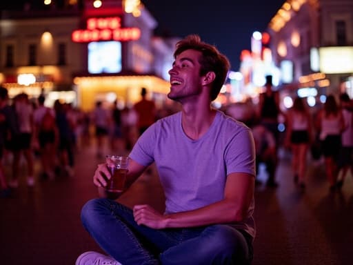 20대 후반의 백인 남성이 자연스러운 외모로 촬영된 반신 사진에서 다리를 꼬고 앉아 있습니다. 그는 캐주얼한 티셔츠와 청바지를 입고 편안하고 즐거운 표정을 지으며 음료를 들고 있으며, 화려한 조명과 사람들로 가득한 축제의 분위기를 잘 표현하고 있습니다.