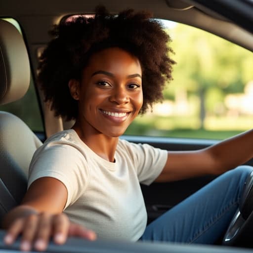 20대 중반의 흑인 여성이 자연스러운 외모와 활기찬 미소로 반신 촬영된 모습입니다. 그녀는 편안한 티셔츠와 청바지를 입고 운전대를 confidently 잡고 있습니다. 아늑한 가정집의 실내 배경에서 창가로 햇빛이 쏟아져 들어오며 긍정적인 에너지를 발산하고 있습니다.