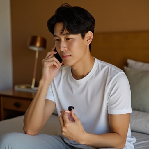 30대 초반의 아시아계 남성이 편안한 티셔츠와 트레이닝 바지를 입고 반신 촬영된 모습입니다. 그는 한 손으로 전화를 사용하고 다른 손에는 화장품을 들고 약간 고민스러운 표정을 짓고 있습니다. 아늑한 침실 배경, 침대와 작은 화장대가 있는 설정이 이미지의 친밀하고 따뜻한 분위기를 더해줍니다.