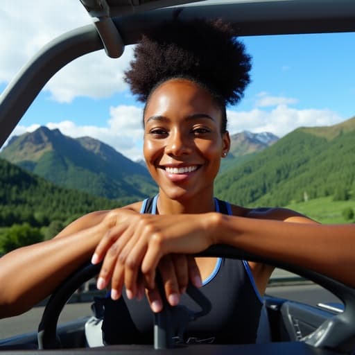 이 이미지는 30대 초반의 혼혈 여성이 편안한 운동복을 입고 친근한 미소를 지으며 운전대에 손을 얹고 있는 모습을 담고 있습니다. 배경은 푸른 산과 맑은 하늘로 구성되어 있어 모험과 편안함을 느끼게 합니다.