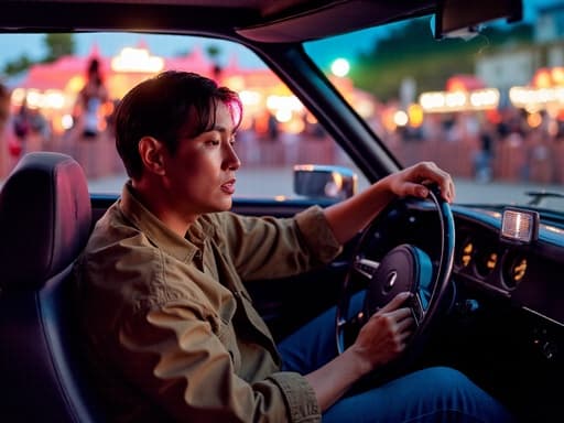 40대 초반의 동양인 남성이 편안한 캐주얼 의상을 입고 자신감 있게 운전하는 모습의 반신 사진. 그의 평온한 표정은 긍정적인 감정을 나타내며, 다양한 사람들과 웃음소리가 가득한 화려한 축제 배경과 함께합니다.