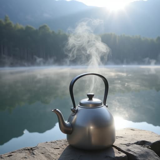 주전자, 고요한 호수 위의 안개, 평화로운, 부드러운 아침 빛