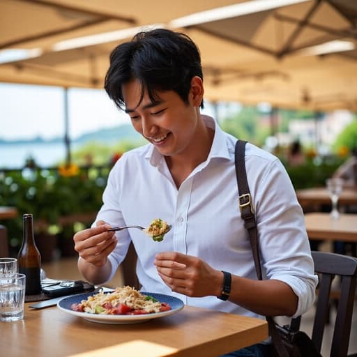 자연스러운 외모를 가진 20대 후반의 한국인 남성이 캐주얼한 셔츠와 청바지를 입고 어깨에 가방을 메고 있는 반신 사진을 담고 있습니다. 그는 멋진 경치를 바라보며 레스토랑 테라스에서 식사를 즐기고 있으며, 음식에 집중하는 모습에서 열정적인 표정을 지어 보이고 있습니다. 편안함과 몰입이 조화를 이루는 장면입니다.