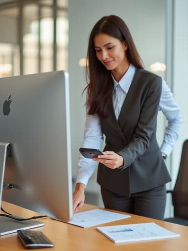 현대적인 회의실에서 컴퓨터를 정리하며 매력적인 미소를 짓고 있는 30대 초반 유럽계 여성의 반신 사진. 깔끔한 비즈니스 캐주얼 의상을 입고 있으며, 세련된 가구와 현대적인 디자인 요소가 어우러져 전문적이고 세련된 분위기를 강조합니다. 자연광이 그녀의 집중된 표정을 부각시켜 초대하고 생산적인 느낌을 줍니다.