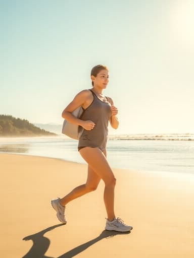 40대 중반의 아시아계 여성이 편안한 운동복과 운동화를 입고 햇살이 비치는 해변을 따라 달리고 있습니다. 그녀는 어깨에 가벼운 가방을 메고 평온하고 여유로운 표정을 짓고 있습니다. 부드러운 모래와 잔잔한 파도가 어우러진 배경이 이 장면의 평화로운 분위기를 더해줍니다.
