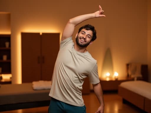 활기찬 중동계 남성 10대 후반이 운동복을 입고 아늑한 마사지샵에서 자신감 있게 스트레칭을 하며, 따뜻한 조명과 매력적인 인테리어가 어우러져 에너지와 긍정적인 분위기를 발산하고 있습니다.