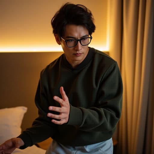 40대 초반의 한국인 남성이 자연스러운 외모를 가지고, 편안하고 세련된 캐주얼 의상을 착용하고 있는 반신 촬영입니다. 그는 슬픈 표정을 지으며 눈에 눈물이 고인 상태에서 몸을 약간 기울이며 손을 올리는 우아한 춤 동작을 하고 있습니다. 배경은 아늑한 침실로 부드러운 조명이 감도는 공간으로, 씬의 우울하지만 아름다운 분위기를 더욱 강조하고 있습니다.