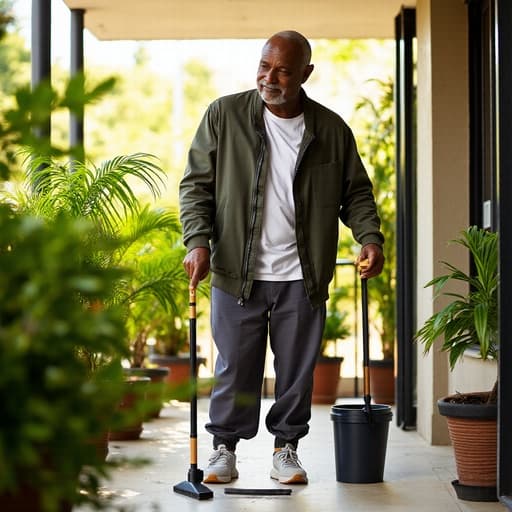 세련된 외모의 50대 초반 아프리카계 남성이 편안한 운동복을 입고 햇살이 잘 드는 베란다에서 식물들과 함께 자신감 있게 청소하는 모습.