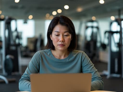 40대 중반의 아시아계 여성이 편안한 운동복을 입고 컴퓨터를 사용하며 스트레스를 받은 표정을 짓고 있는 반신 사진입니다. 배경에는 다양한 운동 기구가 있는 헬스장 환경이 보이며, 그녀의 집중력과 주변의 활동적인 분위기를 강조합니다.