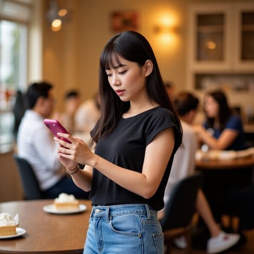 20대 초반의 아시아계 여성이 휴대폰을 들고 캐주얼하게 쇼핑을 하며 약간 당황한 표정을 짓고 있는 반신 샷. 그녀는 편안한 티셔츠와 청바지, 세련된 스니커즈를 착용하고 있으며, 배경에는 커피와 디저트를 즐기는 손님들이 있는 아늑한 카페 분위기가 조성되어 있다.