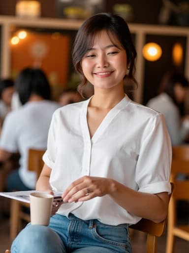 20대 후반의 자연스러운 외모를 가진 동양인 여성의 반신 촬영. 그녀는 화이트 블라우스와 청바지를 입고 있으며, 긍정적인 미소를 지으며 한 손에 음료를 들고 다른 손으로 노트를 작성하는 모습이다. 아늑한 식당 내부에서 다양한 식사하는 사람들과 함께 따뜻하고 초대하는 분위기를 연출한다.
