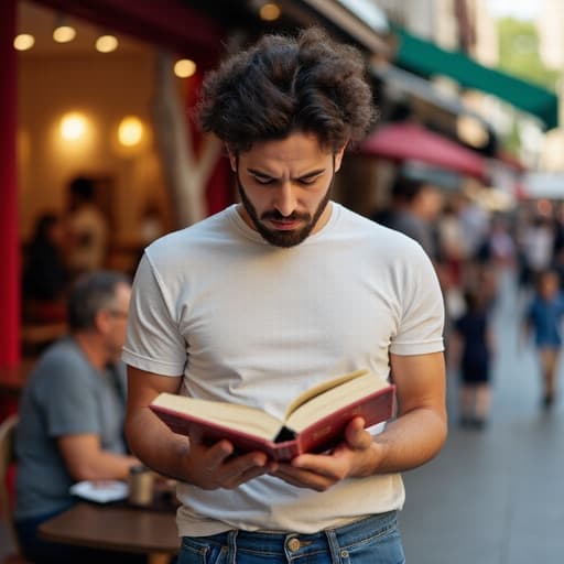30대 후반의 혼혈 남성이 캐주얼한 티셔츠와 청바지를 입고 책을 읽으며 짜증난 표정으로 바라보는 반신 촬영입니다. 그는 카페 앞의 활기찬 거리 풍경 속에서 주변 사람들을 지나치며, 그의 표정과 에너제틱한 환경 간의 역동적인 대조를 만들어냅니다.