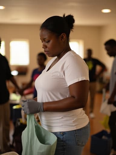 이 이미지는 40대 초반의 아프리카계 여성이 편안한 티셔츠와 청바지를 입고 우울한 표정으로 청소를 하고 있는 모습을 보여줍니다. 그녀는 청소 도구를 들고 있으며, 다양한 사람들이 보이는 커뮤니티 센터의 배경 속에 위치해 있어 분주하면서도 우울한 분위기를 자아냅니다.