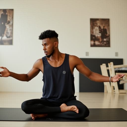 20대 중반의 아프리카계 남성이 깔끔한 필라테스 스튜디오에서 요가를 하고 있는 모습이 반신 촬영으로 포착되었습니다. 편안한 요가복을 입고, 요가 자세에 집중하며 의기소침한 표정으로 자신의 내면의 여정을 반영하고 있습니다. 스튜디오의 미니멀한 디자인은 차분한 분위기를 강조하며, 주제의 연습을 이미지의 중심으로 만듭니다.