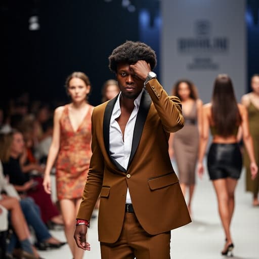 20대 후반 아프리카계 남성 모델이 세련된 재킷과 슬랙스를 착용하고 고급스러운 액세서리로 포인트를 주며, 손을 머리에 얹고 액세서리를 조정하는 모습으로 반신 촬영되었습니다. 그의 표정은 당황함과 긴장감을 드러내고 있으며, 배경은 다양한 모델들이 런웨이를 걷고 있는 화려한 패션쇼 현장입니다. 이 장면은 전체적인 우아함과 화려함을 강조합니다.