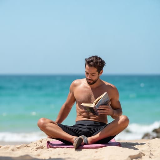 20대 후반의 유럽계 남성이 편안한 요가 복과 샌들을 착용하고 해변에 앉아 책을 들고 활기찬 표정을 짓고 있습니다. 맑은 하늘과 푸른 바다의 고요한 배경이 평화롭고 여유로운 분위기를 더욱 강조합니다.