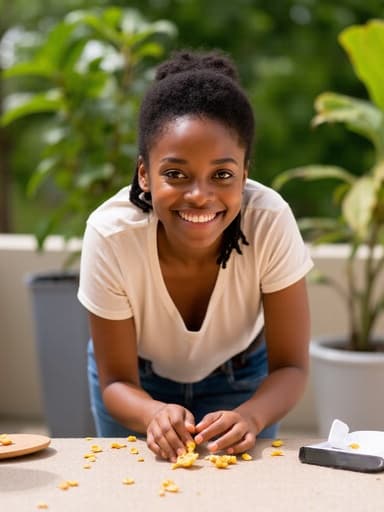 자연스러운 외모를 지닌 10대 후반의 흑인 여성의 반신 사진으로, 따뜻한 미소를 지으며 기분 좋은 분위기를 자아내고 있습니다. 캐주얼한 티셔츠와 청바지를 입고 있으며, 테이블 위의 간식을 집어 들며 청소하고 있는 모습입니다. 배경은 아름다운 테라스와 무성한 식물들로 꾸며져 있어 그녀의 즐거운 표정과 잘 어우러지는 평화로운 분위기를 만들어냅니다.