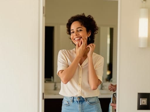 이 이미지는 밝고 아늑한 욕실에서 40대 중반의 라틴계 여성을 반신으로 담고 있습니다. 그녀는 자연스러운 모습으로 편안한 블라우스와 청바지를 입고 있습니다. 자유롭고 즐거운 표정을 지으며 거울 앞에서 화장을 하고 있어, 자기 관리와 뷰티 케어의 주제를 강조하고 있습니다.