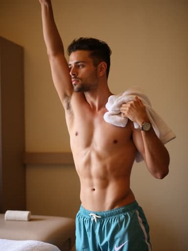 건강한 10대 후반의 백인 남성이 수영복을 입고 타올을 어깨에 걸친 채 마사지샵에서 스트레칭을 하며 편안함과 집중을 나타내고 있습니다.