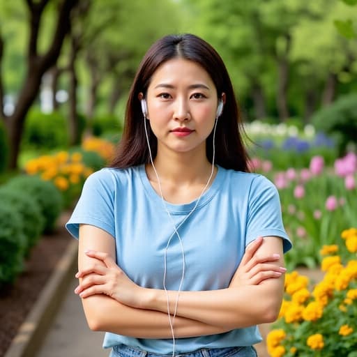 30대 후반 한국인 여성이 편안한 티셔츠와 청바지를 입고 스니커즈를 신고 있는 반신 샷입니다. 그녀는 짜증난 표정으로 이어폰을 끼고 음악을 듣고 있으며, 기다리는 자세로 팔짱을 끼고 있습니다. 배경은 아름답게 가꿔진 정원으로, 꽃과 나무들로 장식되어 전체적인 장면을 한층 돋보이게 합니다.