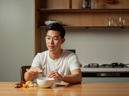 20대 중반 아시아계 남성이 편안한 표정을 지으며 잘 정리된 주방 테이블에 앉아 있는 반신 사진입니다. 그는 편안한 티셔츠와 바지를 입고 요리 재료를 정리하고 있습니다. 배경은 깔끔하게 정돈된 조리대와 요리 도구들이 있는 주방으로, 아늑한 요리 분위기를 강조합니다. 자연광이 장면의 매력적인 분위기를 더욱 부각시켜 주며, 요리의 창의성과 편안함의 순간을 포착하고 있습니다.