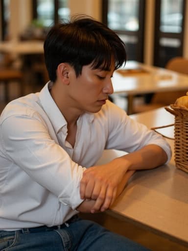 20대 후반의 아시아계 남성이 레스토랑 테이블에 앉아 캐주얼한 흰색 셔츠와 청바지를 입고 있습니다. 그의 얼굴에는 눈물이 흘러내리며, 고개를 숙이고 손을 테이블에 올린 채 깊은 슬픔을 표현하고 있습니다. 테이블 위에는 피크닉 음식을 담은 바구니가 놓여 있어 따뜻하면서도 감정적인 분위기를 연출합니다.