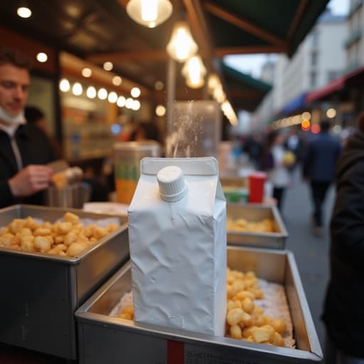 활기찬 분위기와 따뜻한 야시장의 조명이 있는 거리 시장의 우유 팩.