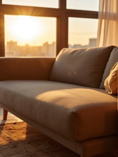 황금빛 노을이 비치는 방에 놓인 아늑한 소파, 부드러운 원단 질감, 자연 목재 다리, 섬세한 주름이 있는 장식, 따뜻하고 초대하는 분위기
