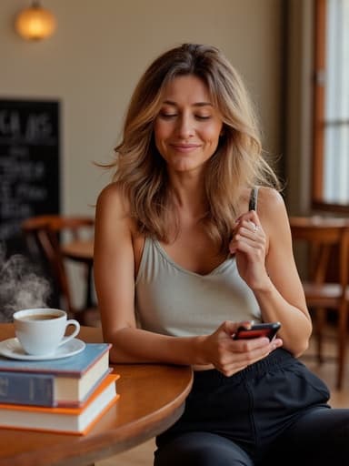 40대 초반의 유럽계 여성의 반신 사진으로, 편안한 운동복을 착용하고 있으며, 비디오 통화 중에 스마트폰을 들고 평온한 표정으로 미소를 짓고 있습니다. 아늑한 카페 내부 배경에는 커피잔과 책들이 놓인 테이블이 있어 따뜻하고 초대하는 분위기를 발산하고 있습니다.