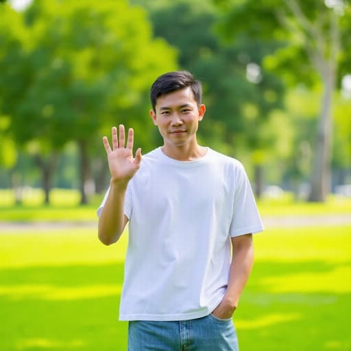캐주얼한 복장을 한 30대 중반의 동양인 남성이 푸른 공원에서 친근한 표정으로 인사하는 모습, 따뜻하고 초대하는 분위기를 만들어냅니다.