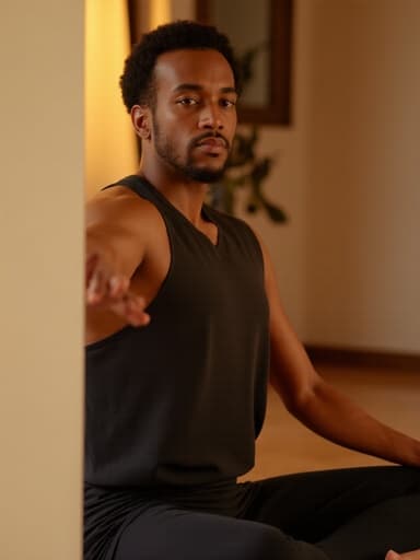 30대 후반의 아프리카계 남성이 편안한 요가복을 입고 요가 매트 위에 앉아 깊은 생각에 잠긴 표정을 짓고 있는 반신사진입니다. 부드러운 조명이 아늑한 요가 스튜디오의 평화로운 분위기를 강조하며, 그의 요가 자세에서 마음챙김이 느껴집니다.