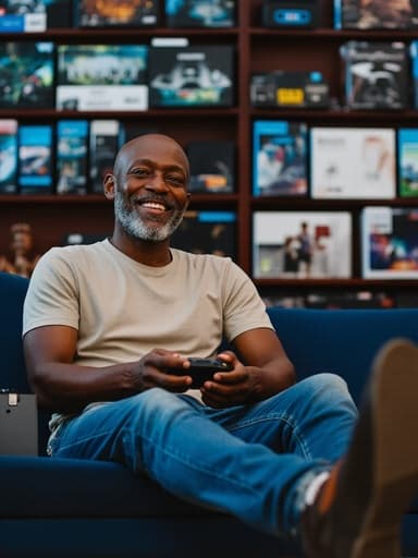 40대 중반의 흑인 남성이 게임 컨트롤러를 손에 들고 밝게 웃으며 편안하게 앉아 있는 모습, 다양한 게임 기기가 진열된 전자매장에서 포착된 장면입니다.