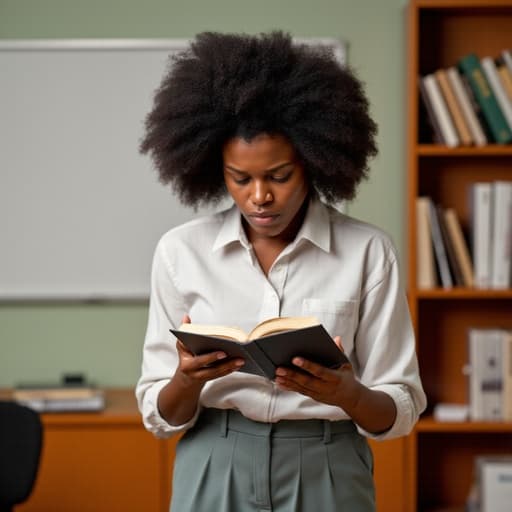 이 이미지는 20대 후반의 아프리카계 여성이 편안한 셔츠와 슬랙스를 입고, 스트레스를 받은 표정으로 책을 깊이 읽고 있는 모습입니다. 그녀는 약간 앞으로 숙이며 두 손으로 책을 잡고 있습니다. 배경은 화이트보드와 책장이 있는 학원 내부의 회의실로, 학문적인 분위기를 자아냅니다. 전체 조명은 자연스럽고 부드러워 그녀의 집중력을 강조합니다.