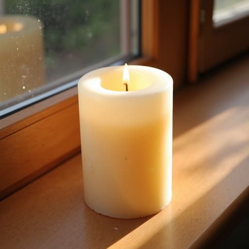 나무 창턱 위의 양초, 아침 햇살에 비춰 따뜻하고 고요한 분위기.