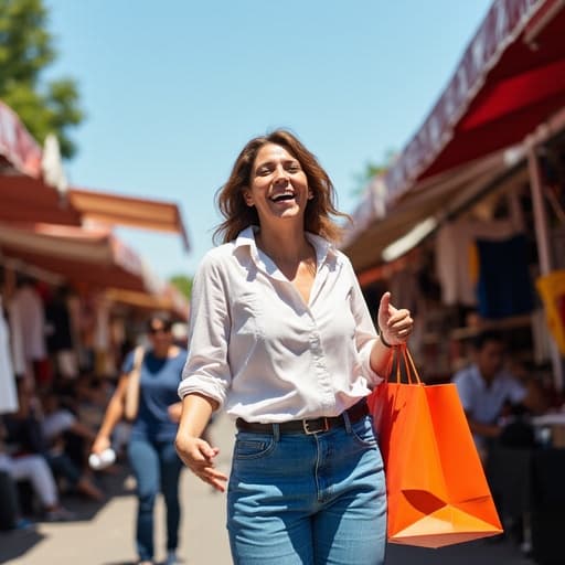 40대 초반의 즐거운 라틴계 여성의 반신 사진, 캐주얼한 블라우스와 청바지를 입고 쇼핑 가방을 들고 친구와 대화하는 모습이 화창한 야외 시장의 다양한 상점들 배경으로 에너지와 행복을 발산하고 있습니다.