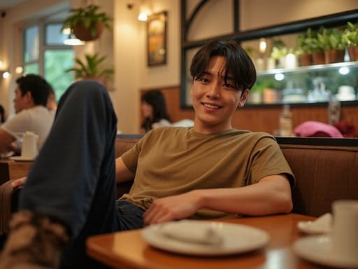 아늑한 카페에서 캐주얼한 티셔츠와 청바지를 입은 10대 후반의 한국 남성이 편안하게 앉아 다리를 뻗으며 테이블 위의 음식을 바라보며 매력적인 미소를 짓고 있습니다. 카페의 아늑한 인테리어가 장면의 따뜻한 분위기를 더하고 있습니다.